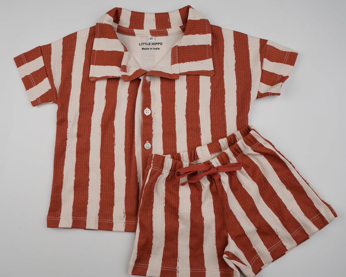 Brown Striped Shorts Set